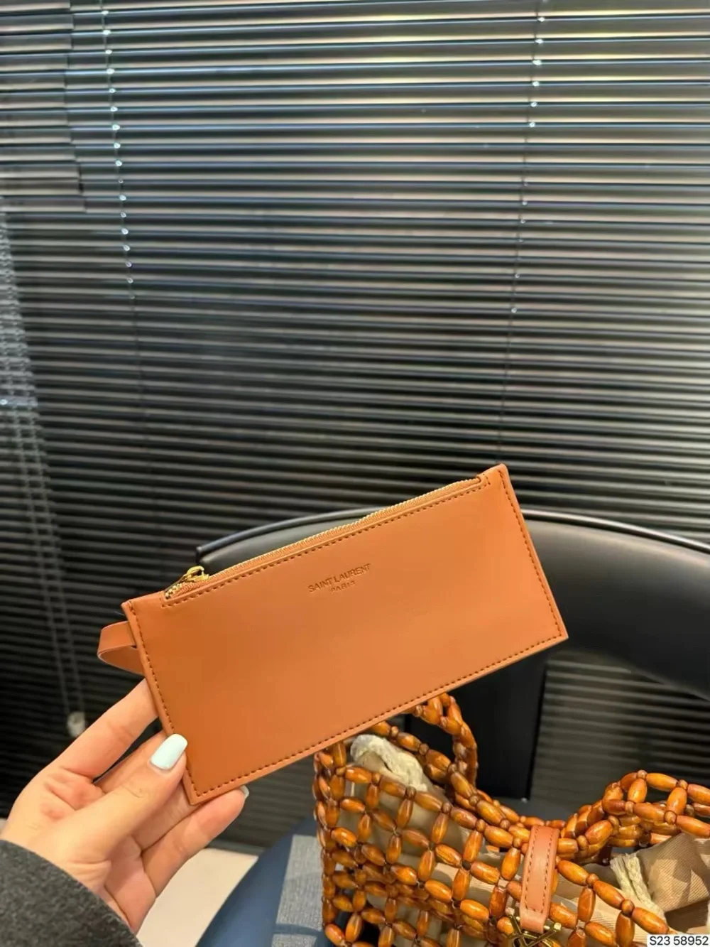 Saint Laurent Woven Bead Shoulder Tote in Cognac